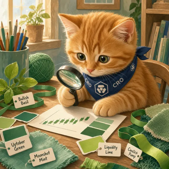 CroCat with a magnifying glass studying green swatches