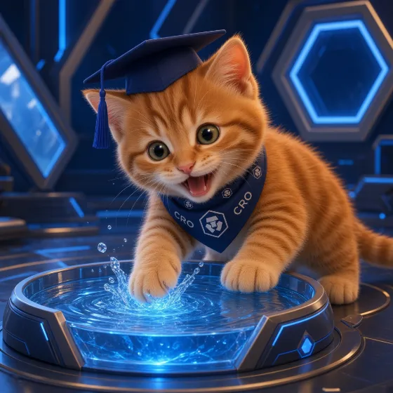 CroCat wearing a graduation cap splashing in a pool