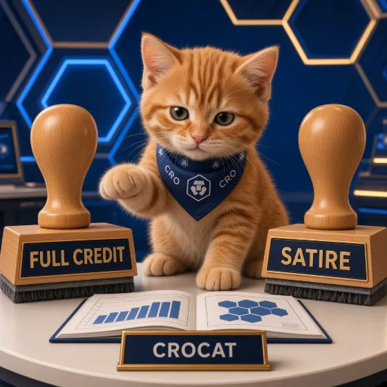 CroCat between two stamps reading Full Credit and Satire